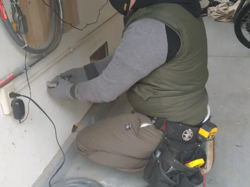 Electrician performing outlet wiring in a West Ocean City garage
